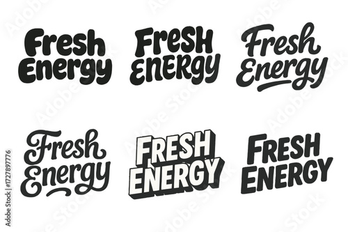 Playful Lettering Variations. Fresh Energy. Set lettering. harmonious lettering variations of the same emblematic concept (Rounded bubble playful style, Funky