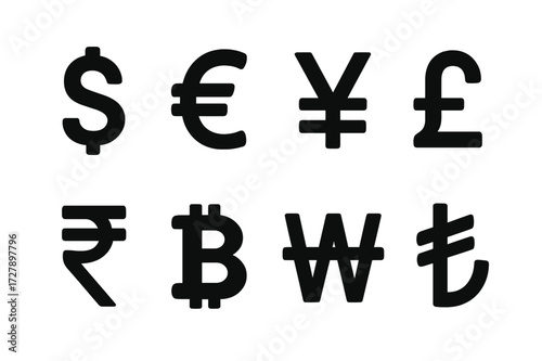 Currency Icons Grid. Solid, filled icon set of currency symbols: dollar, euro, yen, pound, rupee, bitcoin, won, lira. [Solid, filled icons in only black color.