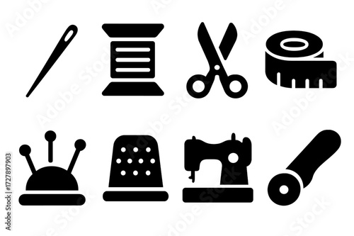 Sewing Tools Icons. Solid, filled icon set of satin sewing tools: sewing needle, thread spool, scissors, measuring tape, pins, thimble, sewing machine, fabric