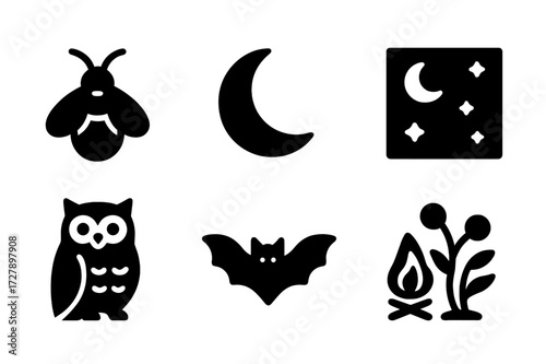 Jungle Night Icons. Solid, filled icon set of jungle nighttime: firefly, moon, nocturnal animal, starry sky, owl, bat, campfire, glowing plants. [Line icons in