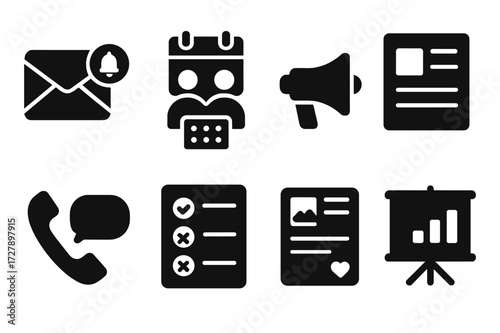 Communication Icon Grid. Solid, filled icon set of restructuring communication: email notification, meeting invite, announcement, newsletter, phone call,