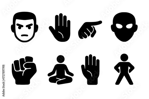 Telekinetic Gesture Icons. Solid, filled icon set of telekinetic gestures: focused stare, outstretched palm, two-finger point, eyes glowing, clenched fist,