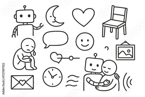 Robotic Companionship Doodles. Hand-drawn doodle illustration [Loneliness and robotic companionship] [robot, human, heart, empty chair, chat bubble, moon,