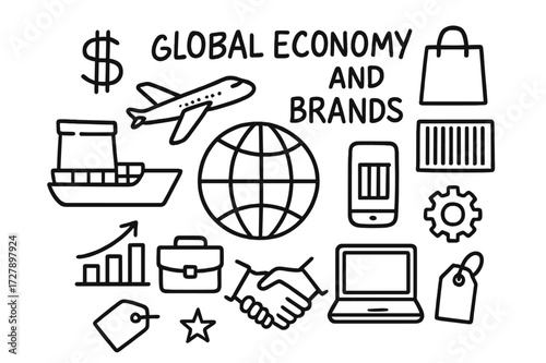 Global Economy Doodles. Hand-drawn doodle illustration Global Economy and Brands [globe, dollar sign, airplane, cargo ship, shopping bag, barcode, delivery