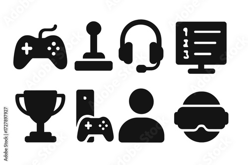Gaming Platform Icons. Solid, filled icon set of gaming platforms: game controller, joystick, headset, leaderboard, trophy, console, avatar, virtual reality