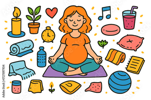 Pregnancy Meditation Doodles. Meditation break. Colorful Hand-drawn doodle Children illustration Pregnant woman, yoga mat, candle, heart symbol, plant, music