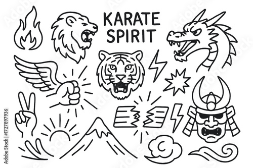 Karate Spirit Symbols. Hand-drawn doodle illustration Karate Spirit [flame, roaring lion, dragon, tiger face, eagle wings, clenched fist, breaking board,