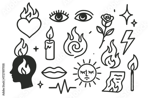 Passionate Flame Doodle. Hand-drawn doodle illustration flame of passion heart, flame, eyes, spark, candle, rose, fire swirl, lips, sun, lightning bolt,