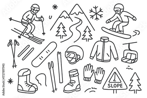Mountain Winter Sports Icons. Hand-drawn doodle illustration [Skiers and snowboarders on a mountain] [skier, snowboarder, mountain, snowflake, ski poles,