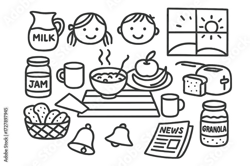 Family Breakfast Doodle. Hand-drawn doodle illustration family breakfast table milk jug, cereal bowl, fruit plate, napkin, smiling faces, toaster, jam jar,