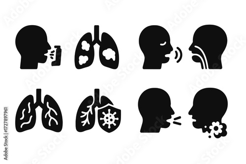 Breath Health Icons. Solid, filled icon set of breath related health: asthma, COPD, apnea, hyperventilation, bronchitis, respiratory infection, cough, allergy.