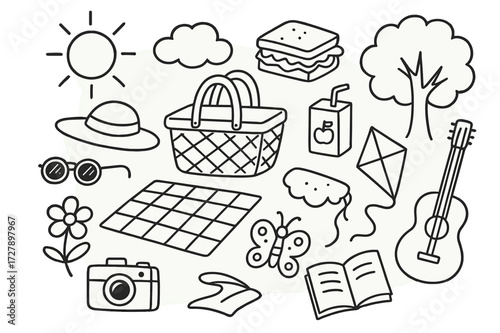 Family Picnic Doodle. Hand-drawn doodle illustration family holiday picnic basket, blanket, sandwich, juice box, sun, cloud, hat, sunglasses, flower,
