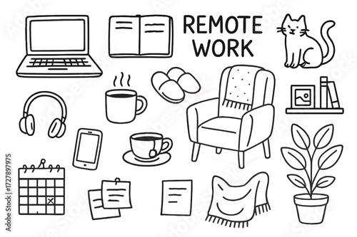 Remote Work Essentials. Hand-drawn doodle illustration [remote work lifestyle] [laptop, journal, slippers, cat, coffee, chair, headphones, blanket, potted