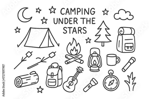 Camping Doodle Icons. Hand-drawn doodle illustration Camping under the stars [tent, campfire, marshmallow stick, lantern, star, moon, sleeping bag, backpack,