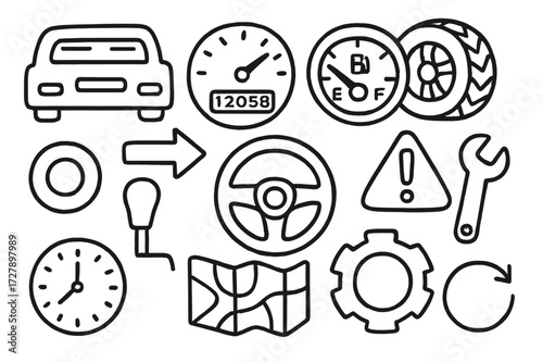 Dashboard Alert Icons. Hand-drawn doodle illustration [Driving dashboard alerts] [dashboard, car, speedometer, odometer, fuel gauge, tire, steering wheel,