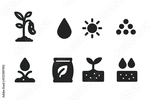 Bean Plant Nutrition Icons. Solid, filled icon set of bean plant nutrition: nitrogen, phosphorus, potassium, water, sunlight, minerals, organic fertilizer,