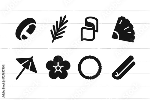 Cocktail Garnish Icons. Solid, filled icon set of cocktail garnishes: lemon twist, rosemary sprig, cucumber ribbon, pineapple slice, cocktail umbrella, edible