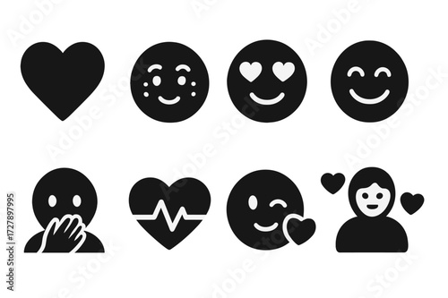 Romantic Emotion Icons. Solid, filled icon set of romantic emotions: love heart, blushing face, dreamy eyes, smile, shy gesture, heart beat, affection,