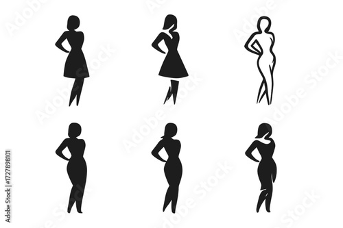 Stylized Logo Grid. Model posing. Set Logo of model posing: Glamour stance. harmonious logo variations of the same emblematic concept (Flat solid, Abstract