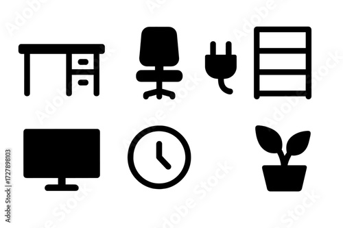 Empty Office Icons. Solid, filled icon set of unused office space: empty desks, vacant chairs, no paperwork, empty shelves, unplugged devices, blank computer