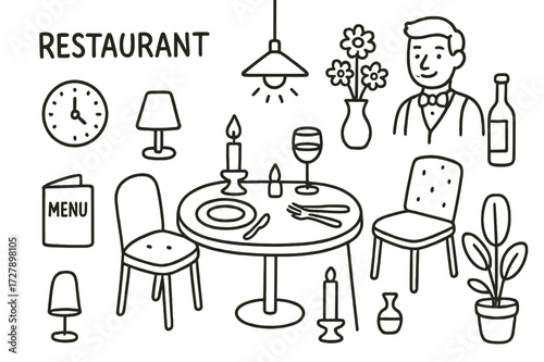 Restaurant Doodle Icons. Hand-drawn doodle illustration [Restaurant ambiance] [table, chairs, candle, wine glass, plate, cutlery, menu, lamp, vase with