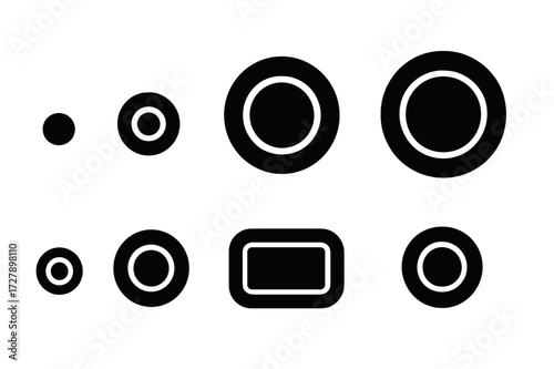 Dish Size Icons Grid. Solid, filled icon set of dish sizes: small dish, medium dish, large dish, mini dish, dinner dish, dessert dish, side dish, snack dish.