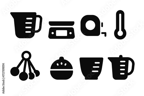Kitchen Measurement Icons. Solid, filled icon set of kitchen measurement devices: measuring cup, digital scale, tape measure, thermometer, timer, measuring