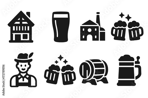 Beer Culture Icons. Solid, filled icon set of pint history and culture: old tavern, vintage pint glass, classic brewery, beer festival, folk costume,