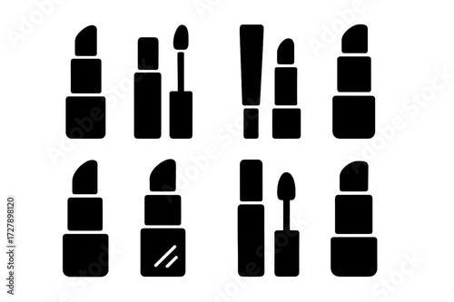 Lipstick Icon Set. Solid, filled icon set of lipstick types: classic lipstick, liquid lipstick, lip gloss, lip balm, matte lipstick, creamy lipstick, tinted