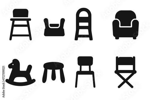 Children's Chairs Icons. Solid, filled icon set of children?s chairs: high chair, booster seat, learning tower, toddler armchair, rocking animal chair, plastic