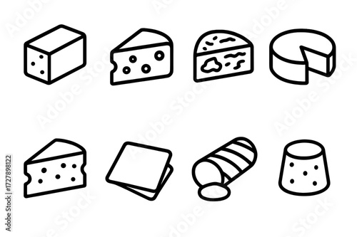 Cheese Icon Grid. Solid, filled icon set of cheese styles: fresh, aged, blue, soft, hard, processed, smoked, goat cheese. Line icons in only black color. All