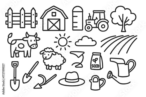 Farm Doodle Icons. Hand-drawn doodle illustration farmland protection fence, barn, silo, tractor, tree, cow, sheep, sun, cloud, field rows, shovel, plow,