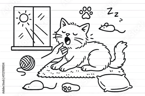 Cat's Cozy Moment. Hand-drawn doodle illustration [Feline relaxation] [yawning cat, sunbeam, windowsill, paw pads, tail wrap, eye closed, chin scratch, fluffy