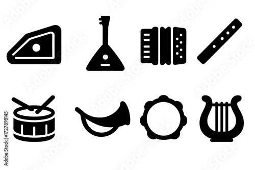 Slavic Musical Instruments Icons. Solid, filled icon set of Slavic musical instruments: gusli (psaltery), balalaika, accordion, flute, drum, horn, tambourine,