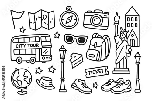City Tour Adventure Icons. Hand-drawn doodle illustration city tour bus, map, compass, camera, sunglasses, backpack, guide flag, building, clock tower, statue,