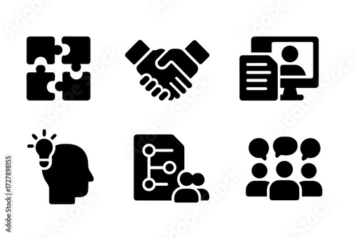 Peer Collaboration Icons. Solid, filled icon set of peer collaboration: puzzle pieces, linked hands, shared documents, video conference, brainstorming, project