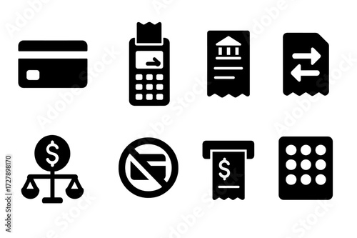 Debit Transaction Icons. Solid, filled icon set of debit transactions: debit card, swipe machine, bank statement, transaction receipt, account balance,