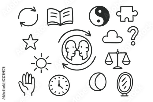 Doodle Duality Icons. Hand-drawn doodle illustration flip side coin, two faces, circle arrows, book, yin yang, puzzle piece, question mark, star, sun, moon,