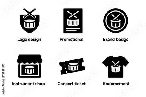 Tom-Tom Icon Grid. Solid, filled icon set of tom-tom commercial and branding: logo design, promotional flyer, brand badge, marketing poster, instrument shop,