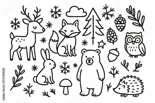Winter Woodland Doodles. Hand-drawn doodle illustration Winter woodland creatures deer, fox, rabbit, owl, bear, hedgehog, tree, pinecone, acorn, snowflake,