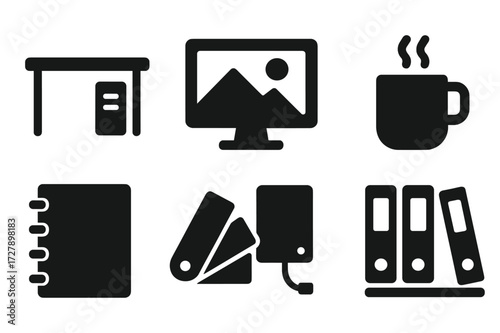 Photographer Workspace Icons. Solid, filled icon set of photographer workspace: editing desk, monitor with photo, memory card reader, coffee cup, external
