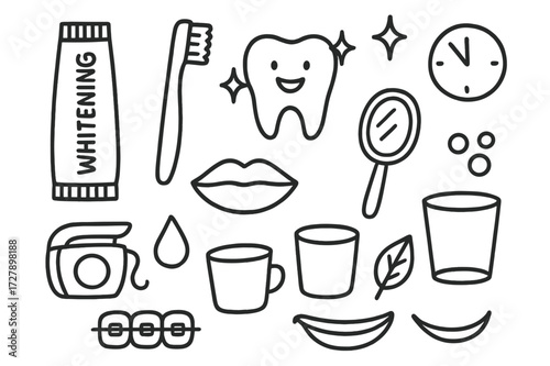 Oral Care Doodle Art. Hand-drawn doodle illustration Whitening toothpaste toothpaste tube, toothbrush, sparkling tooth, lips, mouth, star sparkle, clock, water