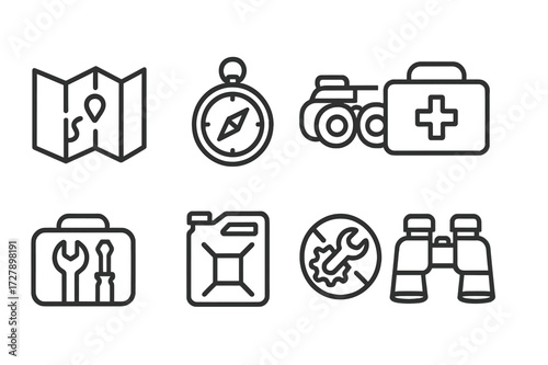 APC Tools Icon Set. Outline icon set of APC operational tools: map, compass, night vision goggles, first aid kit, toolkit, fuel canister, repair kit,