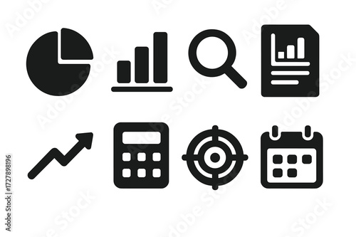 Market Analysis Icons. Solid, filled icon set of market analysis: pie chart, bar graph, magnifying glass, report document, trend arrow, calculator, target,