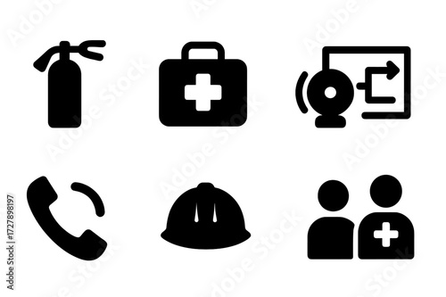 Emergency Icons Grid. Solid, filled icon set of emergency response: fire extinguisher, first aid kit, emergency exit, alarm bell, evacuation plan, emergency
