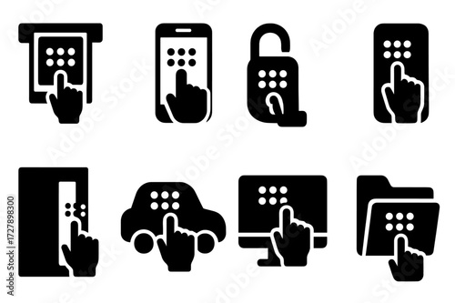 PIN Security Icons. Solid, filled icon set of PIN usage scenarios: bank ATM, mobile payment, smart home lock, office door, car security, online account, vault