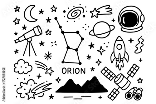 Orion Constellation Doodle. Hand-drawn doodle illustration Orion constellation Orion?s belt, stars, telescope, moon, comet, galaxy swirl, planet, astronaut