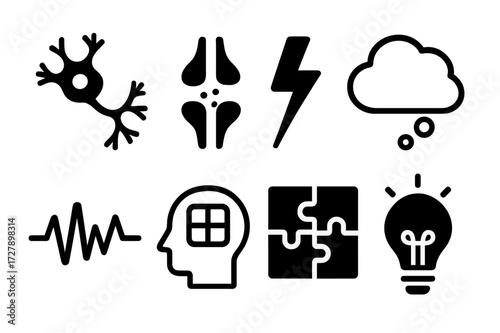 Brain Activity Icons. Solid, filled icon set of brain activity: neuron, synapse, lightning bolt, thought bubble, brain waves, memory icon, puzzle pieces, light