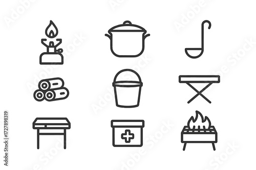 Field Kitchen Icon Set. Outline icon set of field kitchen: portable stove, cooking pot, ladle, firewood stack, water bucket, food ration box, folding table,