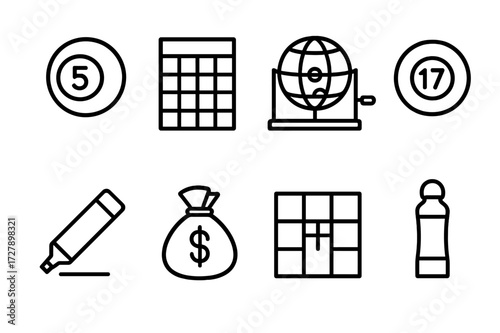 Bingo Icon Set. Outline icon set of bingo essentials: bingo ball, bingo card, bingo cage, numbered ball, marker pen, jackpot prize, winning pattern, bingo